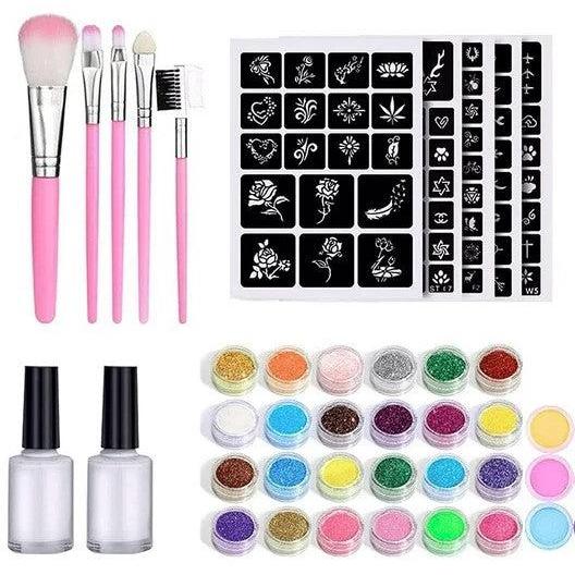 Set tatuaje temporare, Zola®, 187 sabloane, 24 culori glitter, 2 x adeziv, pensule incluse, cutiute speciale pentru sclipici Set tatuaje temporare, Zola®, 187 sabloane, 24 culori glitter, 2 x adeziv, pensule incluse, cutiute speciale pentru sclipici